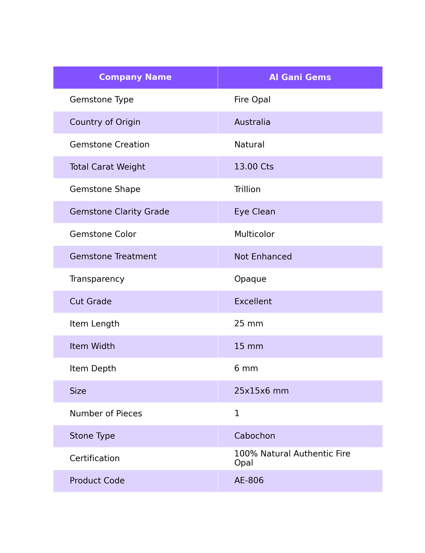Natural Fire Opal Gemstone 13.00 Cts Loose Trillion Cabochon From Australia 25x15x6 mm AE-806