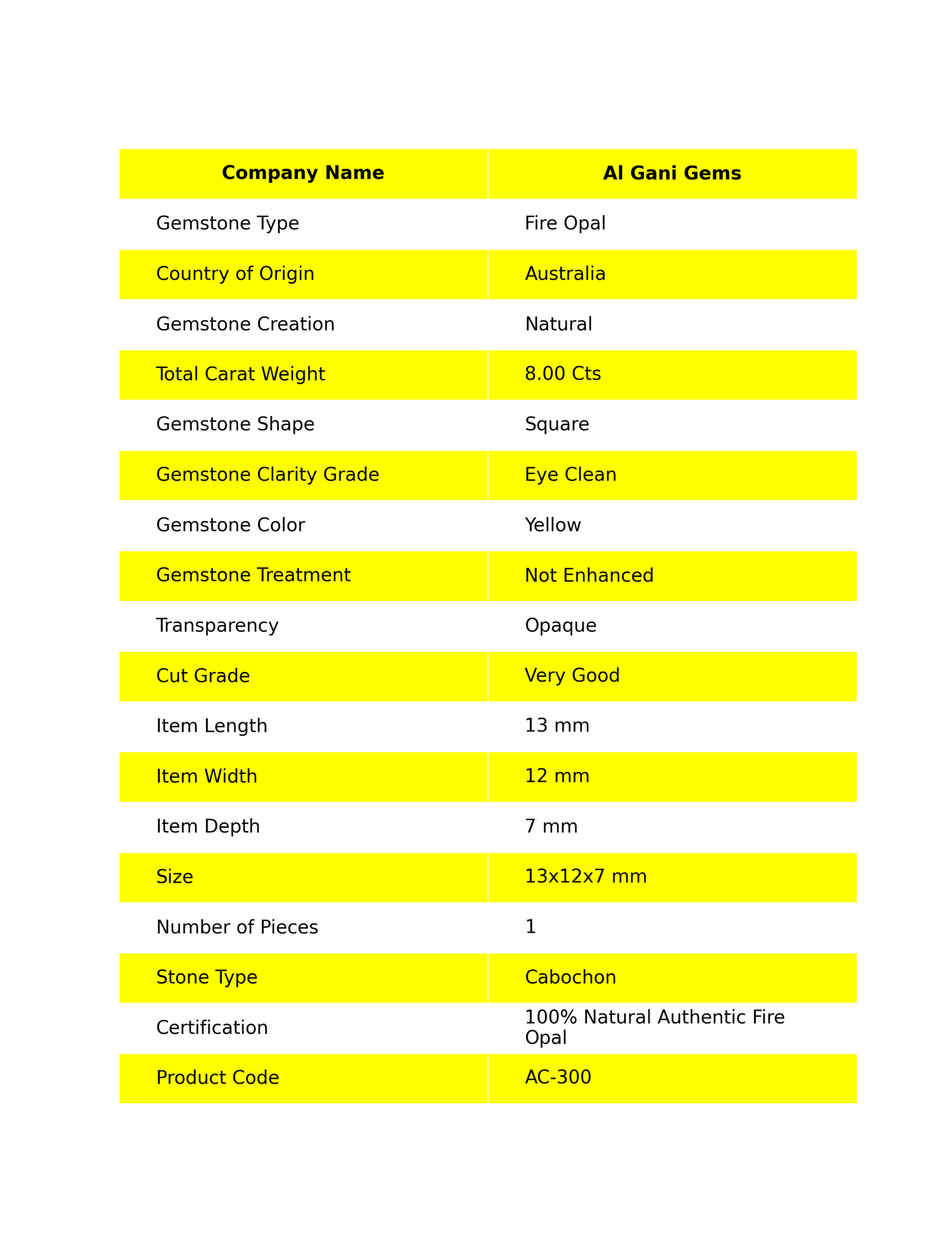 8.00 Cts Natural Australian Fire Opal Square Cabochon Loose Gemstone For Jewelry 13x12x7 mm AC-300