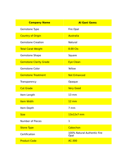 8.00 Cts Natural Australian Fire Opal Square Cabochon Loose Gemstone For Jewelry 13x12x7 mm AC-300