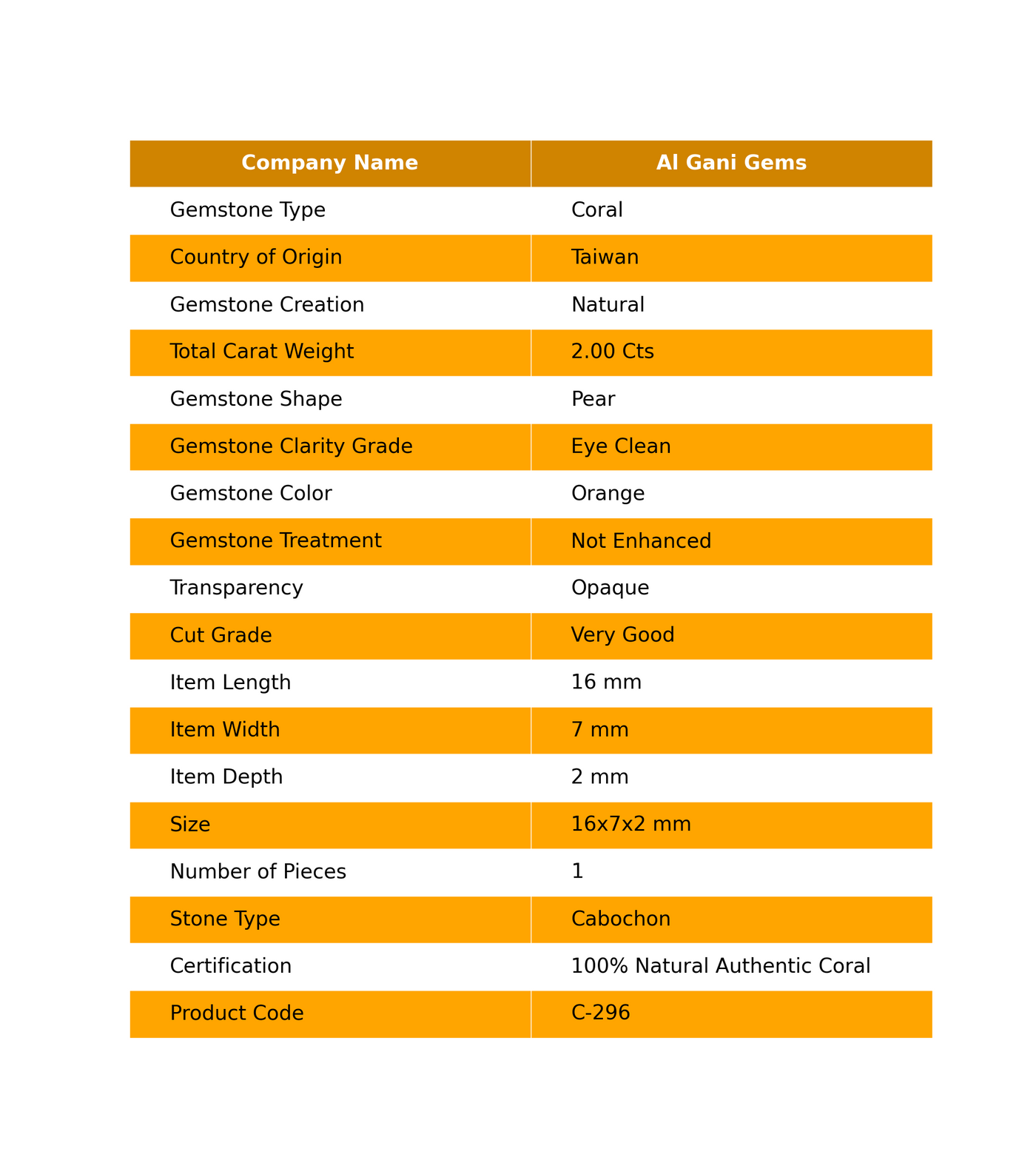 2.00 Cts Natural Taiwan Coral Pear Cabochon Loose Gemstone For Jewelry 16x7x2 mm C-296