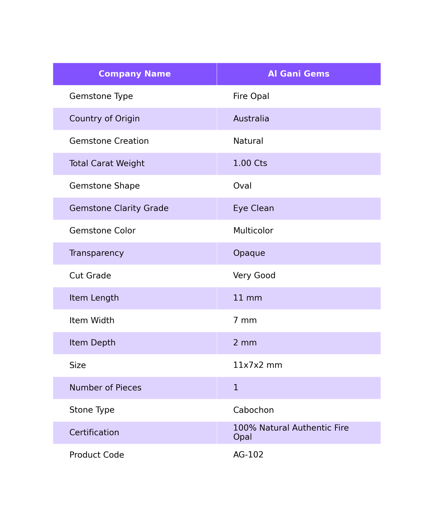 Natural Fire Opal Gemstone 1.00 Cts Loose Oval Cabochon From Australia 11x7x2 mm AG-102