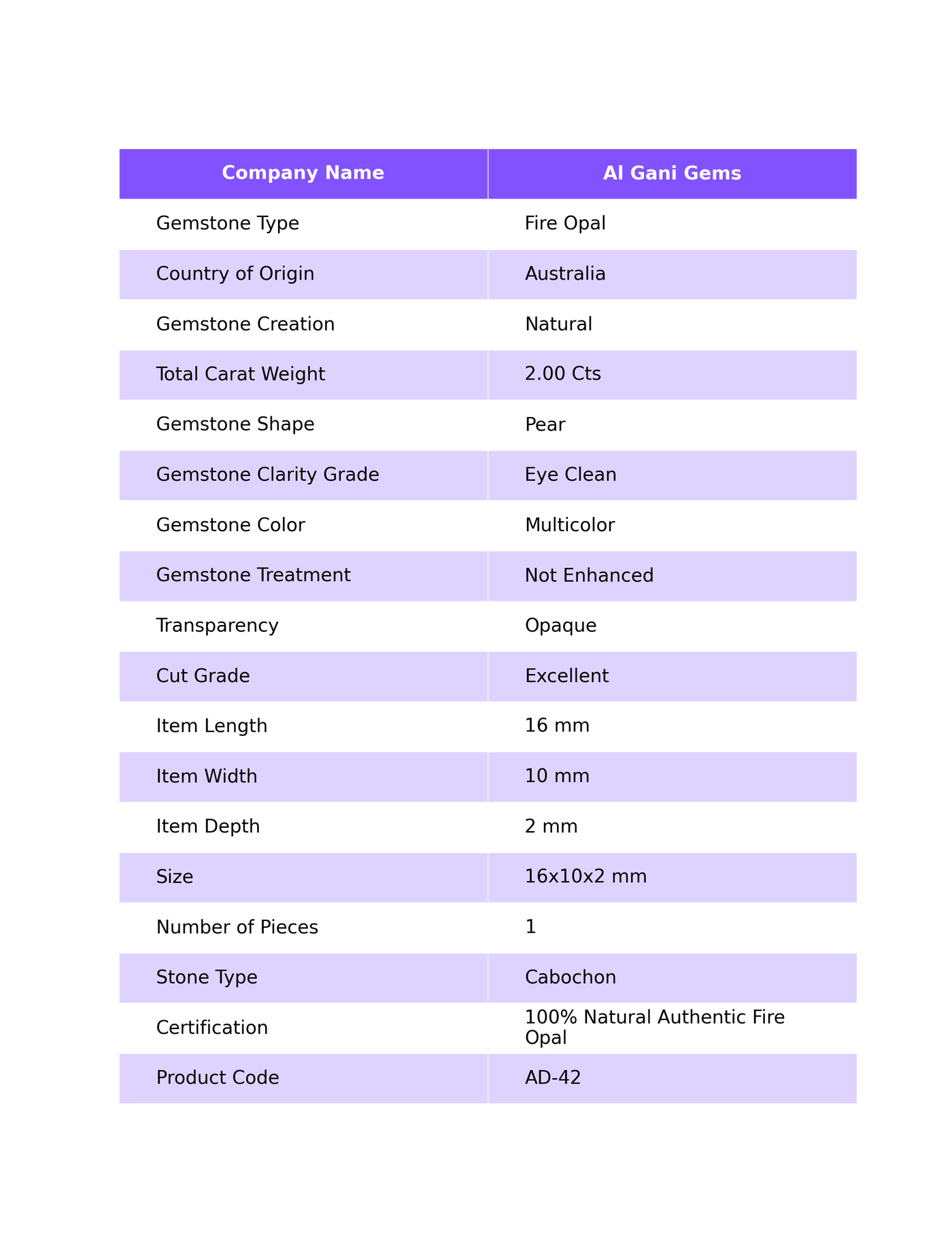 Natural Fire Opal Gemstone 2.00 Cts Loose Pear Cabochon From Australia 16x10x2 mm AD-42
