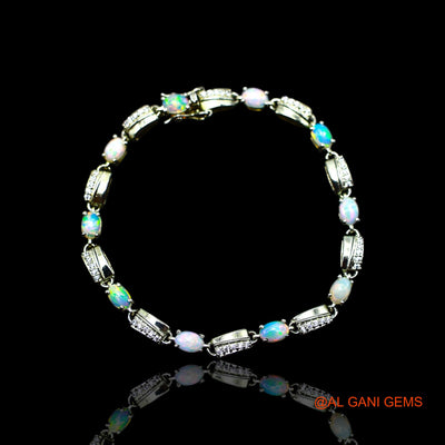 925 Sterling Silver Natural Ethiopian Fire Opal Zircon Bezel Dangle Drop Bracelet SB-6