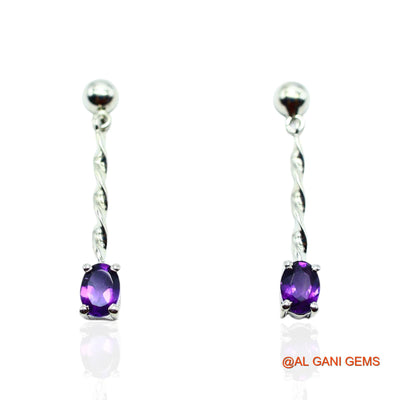925 Sterling Silver Amethyst Gemstone Dangling February Birth Earrings SE-12