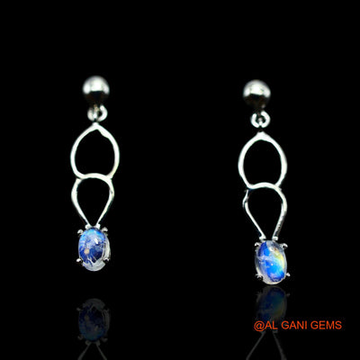 Natural White Rainbow Moonstone Dangle Hook Crown Chakra Earrings Sterling Silver SE-20