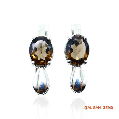 925 Silver Natural Smokey Topaz Handmade Hook Dangle Drop Bezel Earrings SE-21
