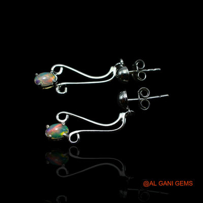 925 Sterling Silver Ethiopian Fire Opal Gemstone Dangle Drop Hook Bezel Earrings SE-35