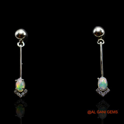 925 Sterling Silver Natural Ethiopian Fire Opal Zircon Dangle Celestial Earrings SE-37