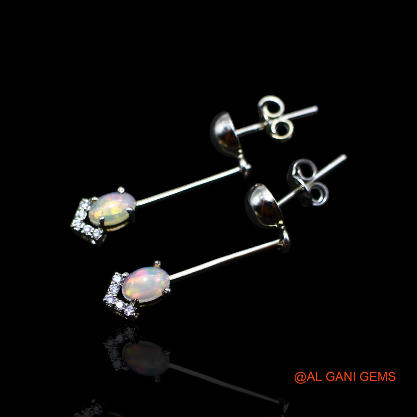 925 Sterling Silver Natural Ethiopian Fire Opal Zircon Dangle Celestial Earrings SE-37