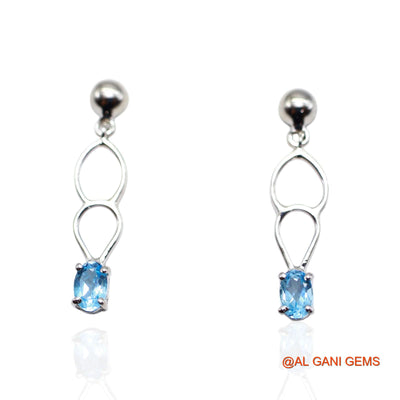Sterling Silver Faceted Blue Topaz Stone Antique Dangle Hook Earrings SE-54