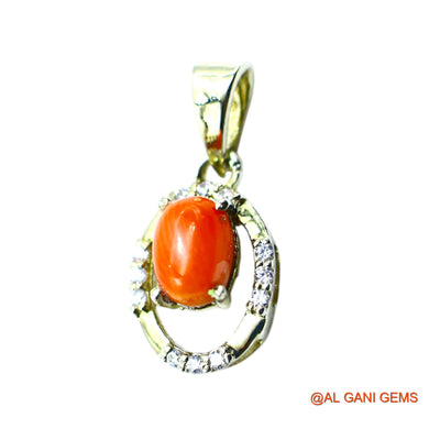 Sterling Silver Coral Stone Zircon Bezel Daughter Handmade Pendant SP-23