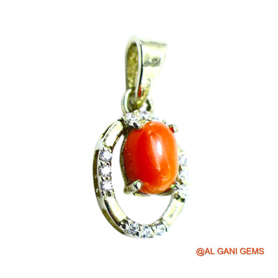 Sterling Silver Coral Stone Zircon Bezel Daughter Handmade Pendant SP-23