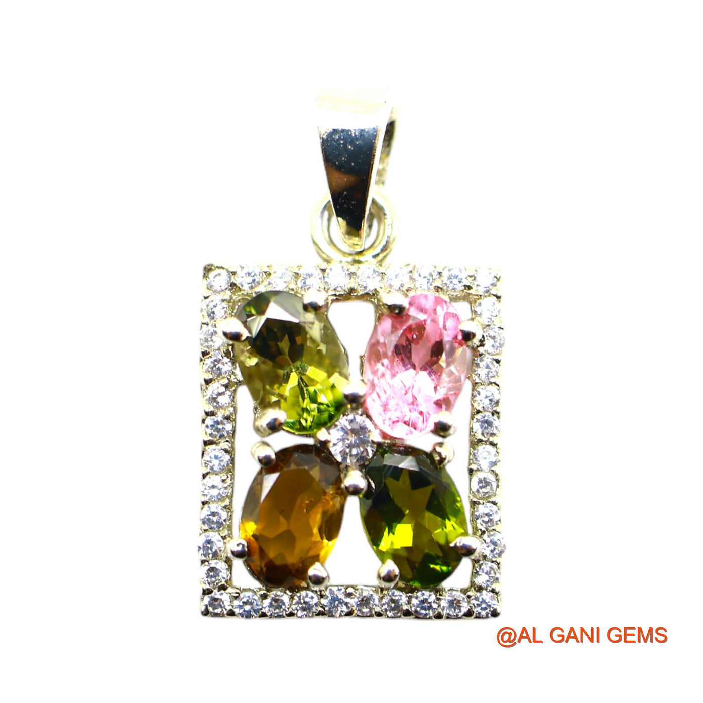 925 Silver Faceted October Birth Tourmaline Stone Zircon Bezel Pendant SP-7