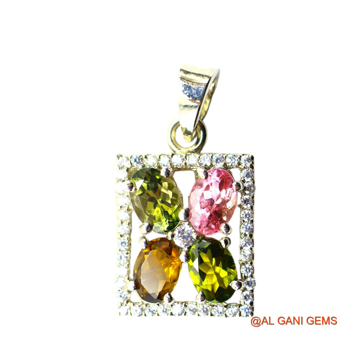 925 Silver Faceted October Birth Tourmaline Stone Zircon Bezel Pendant SP-7