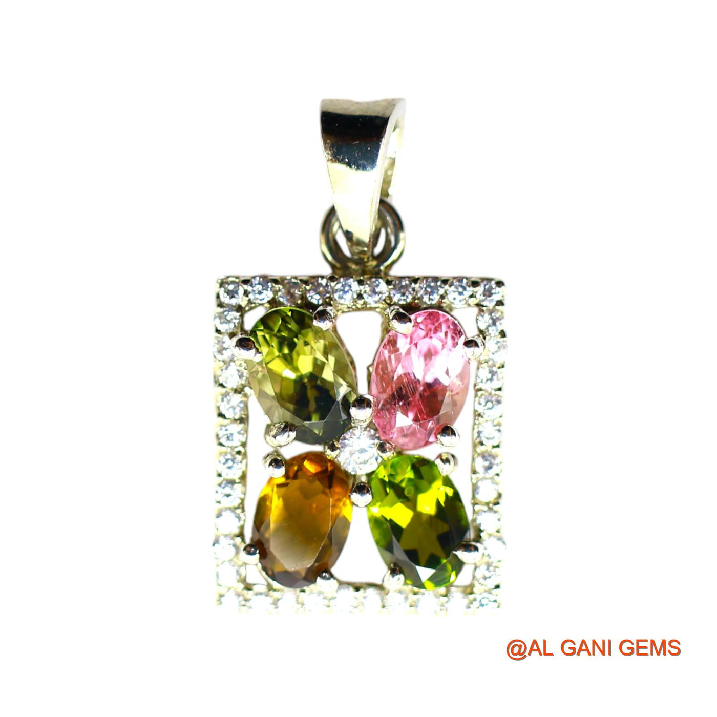 925 Silver Faceted October Birth Tourmaline Stone Zircon Bezel Pendant SP-7