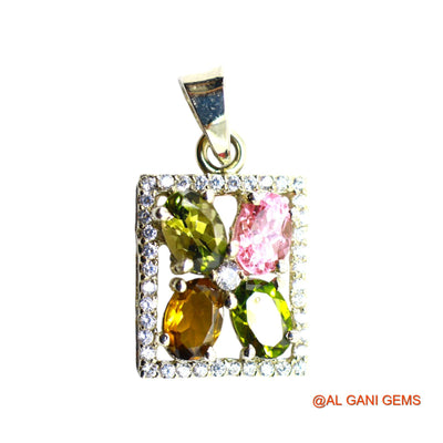 925 Silver Faceted October Birth Tourmaline Stone Zircon Bezel Pendant SP-7