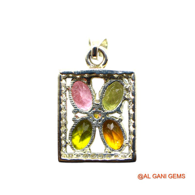 925 Silver Faceted October Birth Tourmaline Stone Zircon Bezel Pendant SP-7