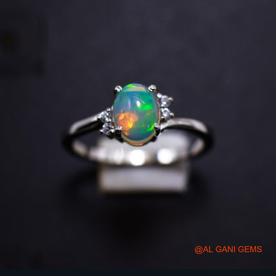 Natural Ethiopian Fire Opal Zircon Sterling Silver Bezel Wedding Solitaire Ring SR-14