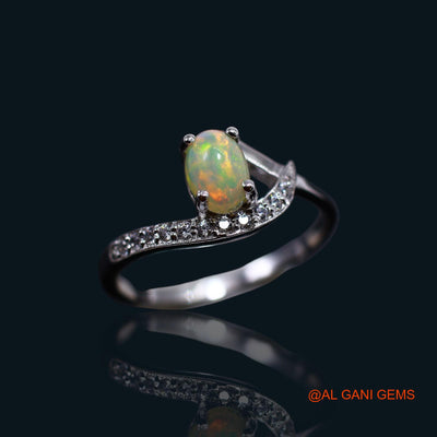 Ethiopian Fire Opal Stone Zircon Boho Solitaire Birthday Ring 925 Sterling Silver SR-16