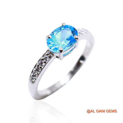 925 Sterling Silver Faceted Blue Topaz Stone Zircon Solitaire Bezel Ring SR-33