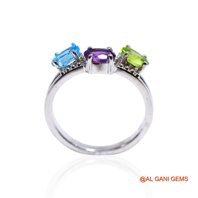 Blue Topaz, Amethyst, Peridot Gemstone Amethyst Solitaire Friend Gift Ring Sterling Silver SR-47