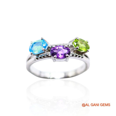 Blue Topaz, Amethyst, Peridot Gemstone Amethyst Solitaire Friend Gift Ring Sterling Silver SR-47