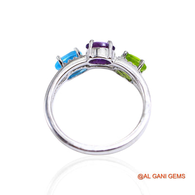 Blue Topaz, Amethyst, Peridot Gemstone Amethyst Solitaire Friend Gift Ring Sterling Silver SR-47