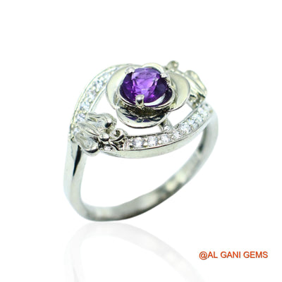 Sterling Silver Amethyst Stone Zircon Bezel Solitaire Friend Gift Ring SR-5