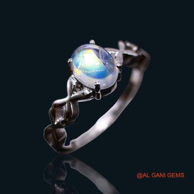 925 Sterling Silver Natural White Rainbow Moonstone Daughter Bezel Solitaire Ring SR-60