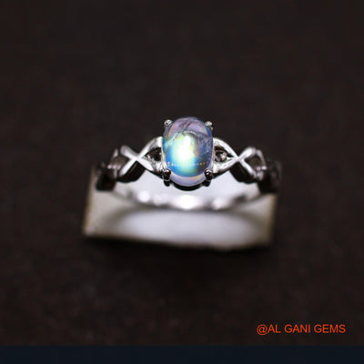 925 Sterling Silver Natural White Rainbow Moonstone Daughter Bezel Solitaire Ring SR-60