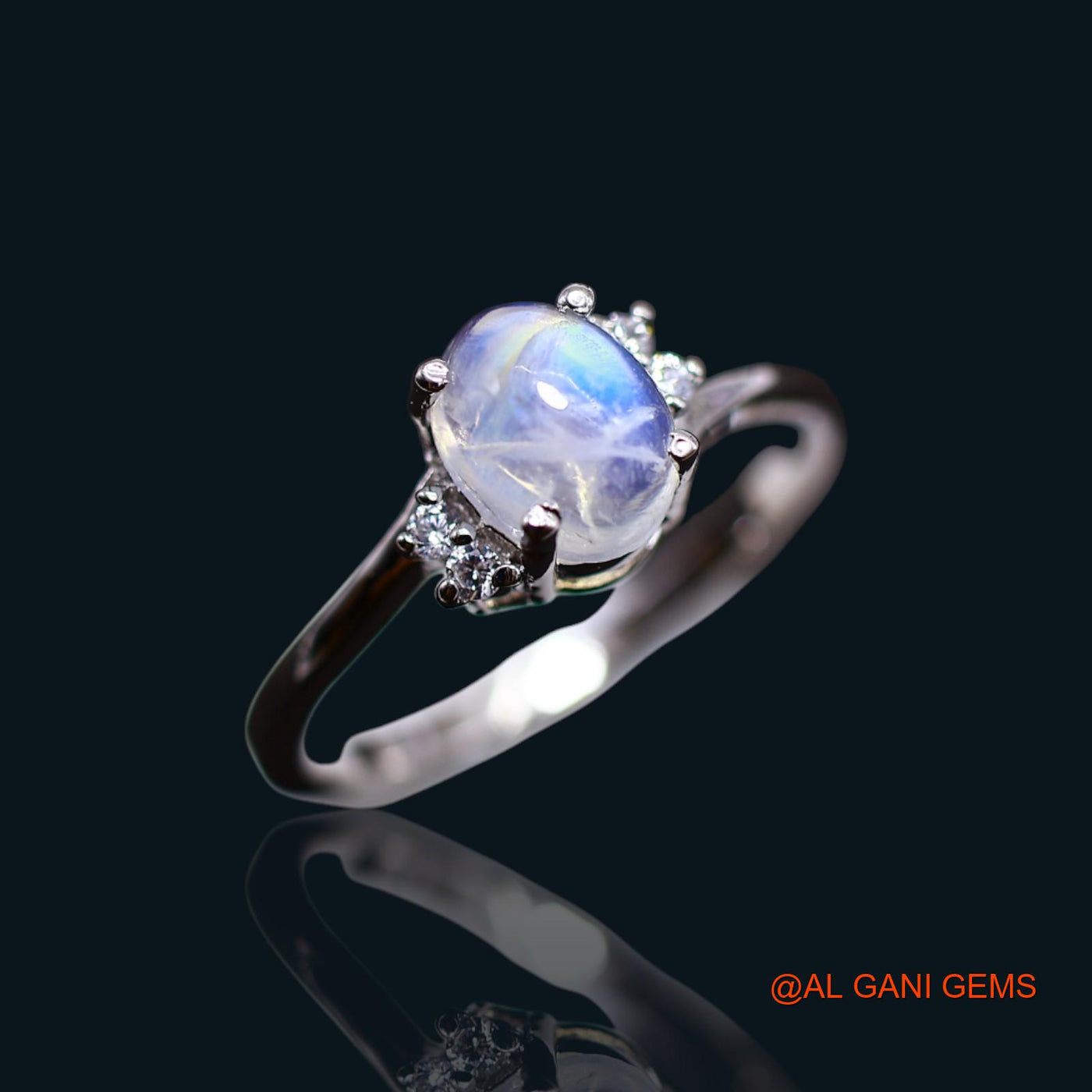 White Rainbow Moonstone Stone Zircon Sterling Silver Bezel Antique Solitaire Ring SR-61
